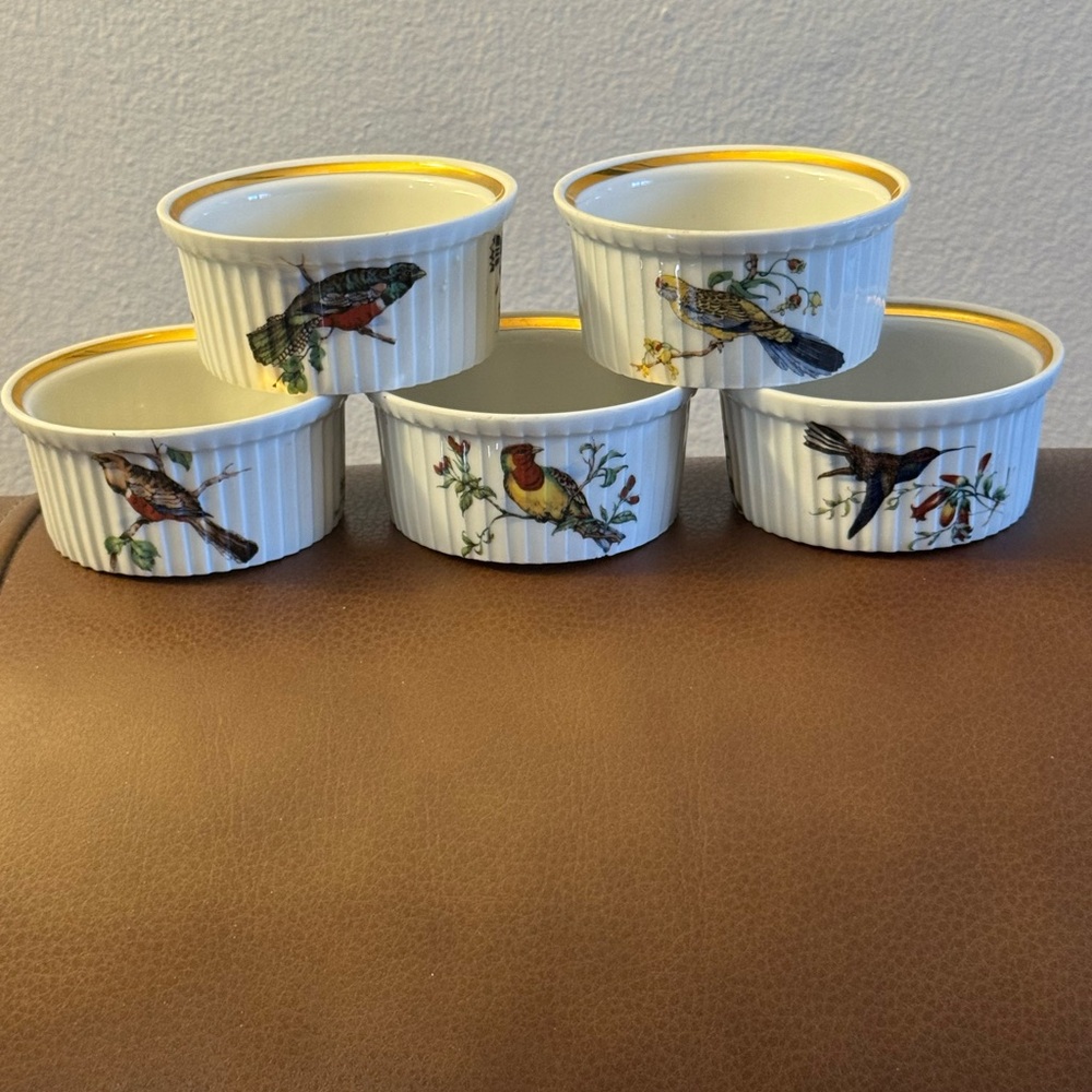 VTG France Pillivuyt set of 5 bird motif w/gold trim ramekin soufflé dishes